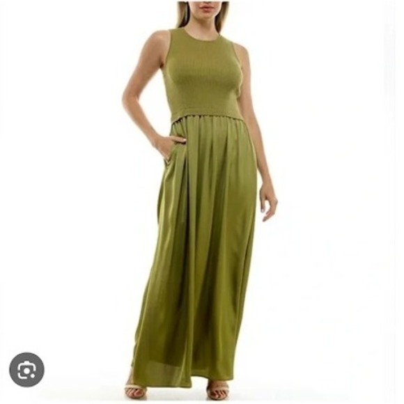 Taylor Dresses & Skirts - Taylor Mixed Media Olive Green‎ Sleeveless Maxi Dress Knit Top New Size S